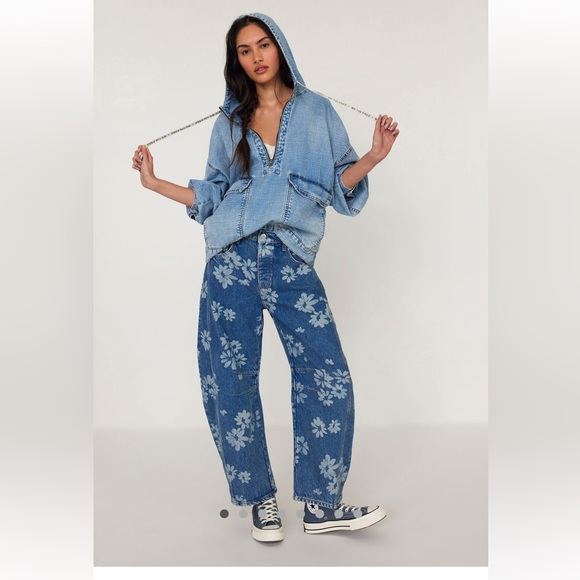 Free People Blue Floral Wide Leg Jeans - Picture 2 of 14